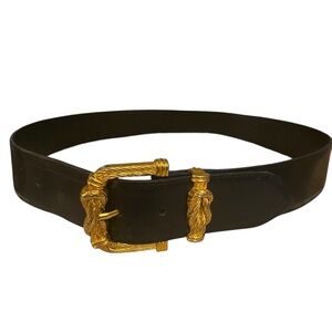 Vintage 90 Ginnie Johansson Black Leather Belt Gold Rope Buckle nautical Coastal